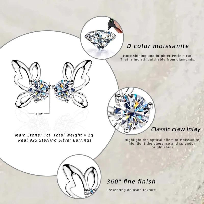D Color Moissanite 925 Sterling Silver Butterfly Stud Earrings for Women Wedding Anniversary Zircon Party Fine Jewelry Gift