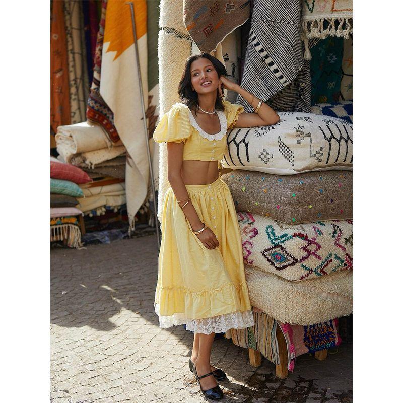 Summer Ice Vitamin C French Sweet Cream Yellow Plaids Lace Edge Puff Sleeves Small Top Elastic Waist Mid-Length Dress Set