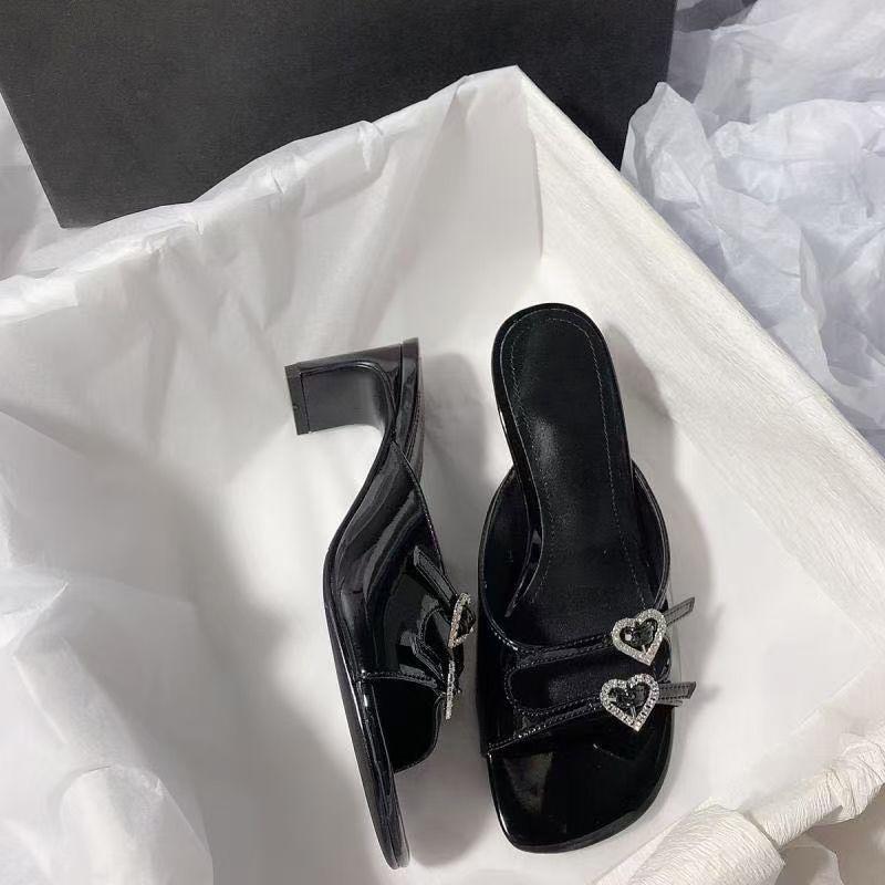 Rhinestone Love Square Head One-word High-heeled Slippers Fairy Open-toed High-heeled Shoes Temperament Thick-heeled Sandals 2025 Summer