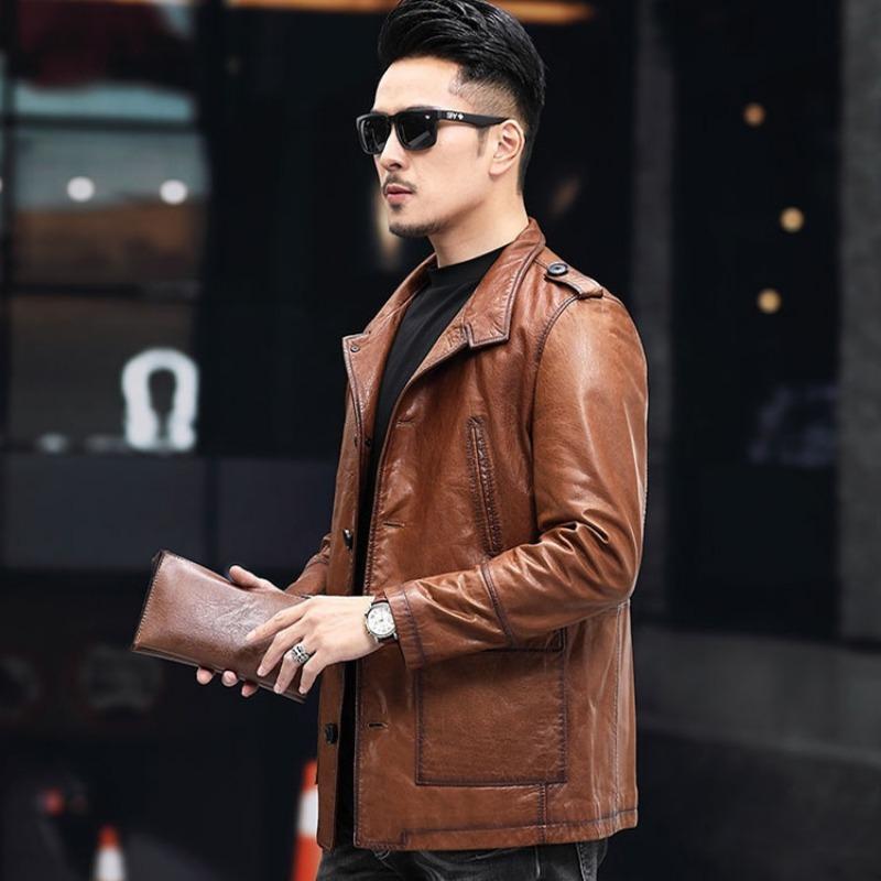 Men's Genuine Leather Clothing Oil Waxed Sheepskin Suit Collar Mid-Length Windbreaker Jacket New Style