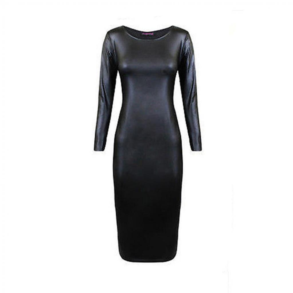 

Женское Модное Сексуальное Платье с Длинным Рукавом и Круглым Вырезом из Искусственной Кожи, Облегающее, Вечернее XXL чёрный