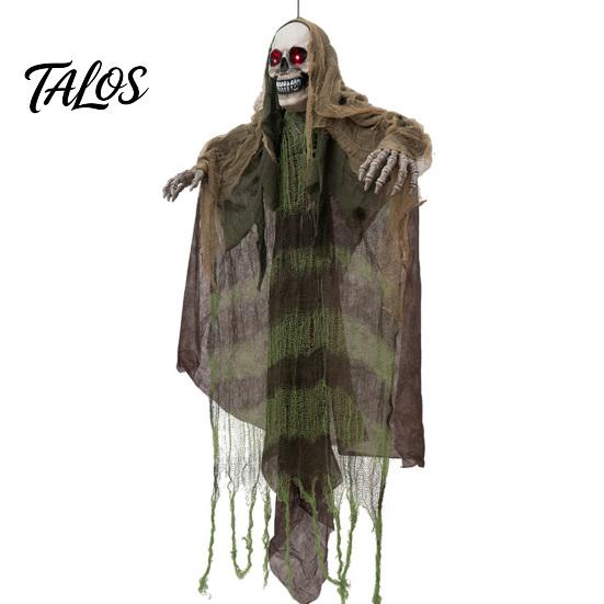 Indoor Outdoor Halloween Ornaments Animatronics Hanging Ghost Decoration, Sound Activated Grim Reaper Prop with LED Battery Operated Decor Glowing