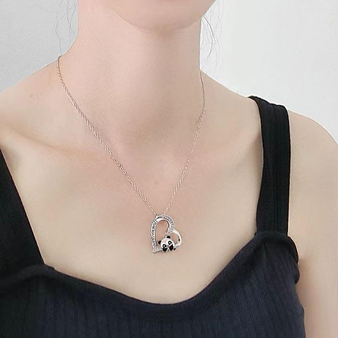 Ladies Elegant Love Heart Cute Panda Pendant Necklaces