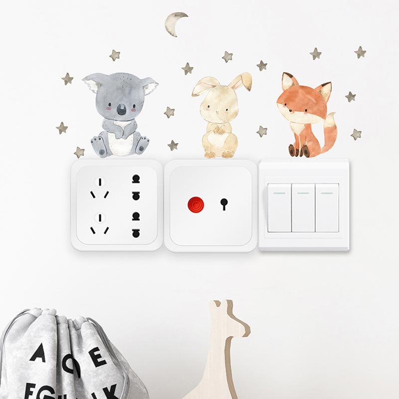 6pcs/set Boho Color Cute Smile Cartoon Animals Switch Stickers for Wall Kids Room Baby Nursery Room Wall Decals Stars Home Decor