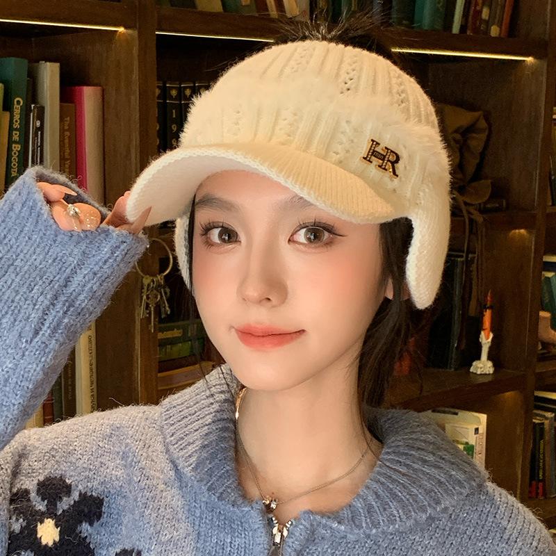 Autumn and Winter Knitted Empty Top Hat Letter Fleece Hat Women's Outdoor Cycling Windproof Warm Ear Hat