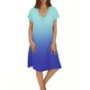 Ladies Casual Fashion V-neck Short Sleeve Gradient Print Mid-length Flowing Dress