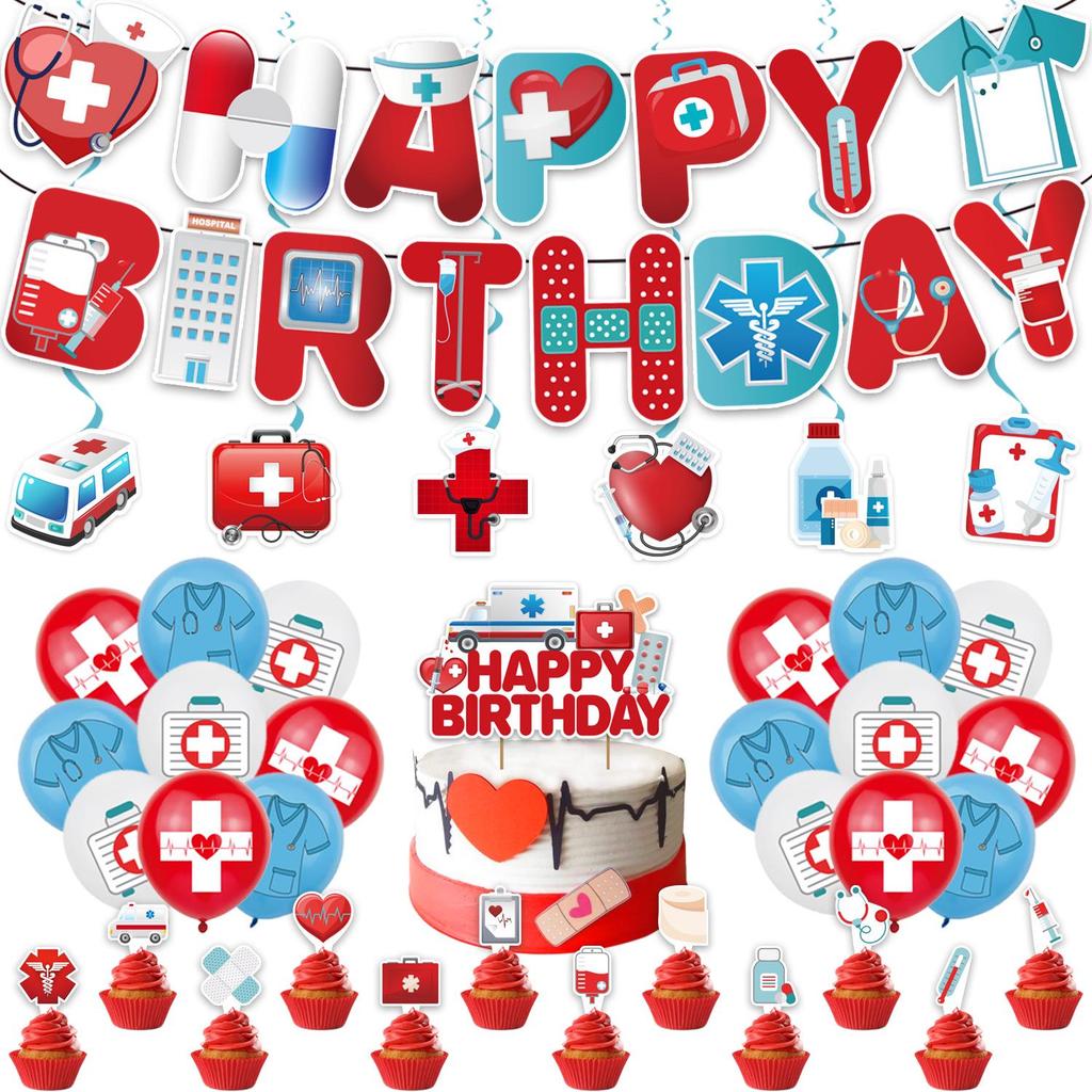 In Stock Medical Theme Party Decoration Set: Banner, Balloons, & Cake Toppers