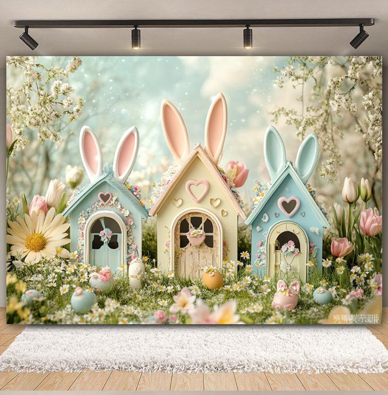 Spring Easter Cottage Colorful Egg Rabbit Photography Background Flower and Tree House Children's Birthday Decoration Backdrop