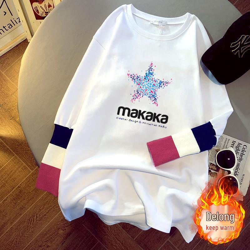 

2025 Women s Korean Style Mid-Length White Cotton Long-Sleeve Spliced Top for Autumn/Winter Large