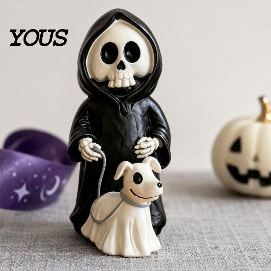3D Carved Skeleton Decoration Grim Reaper & Ghostly Puppy Resin Figurine, Black Robed with Cute Mini Halloween Figurine 13cm Ghost Dog