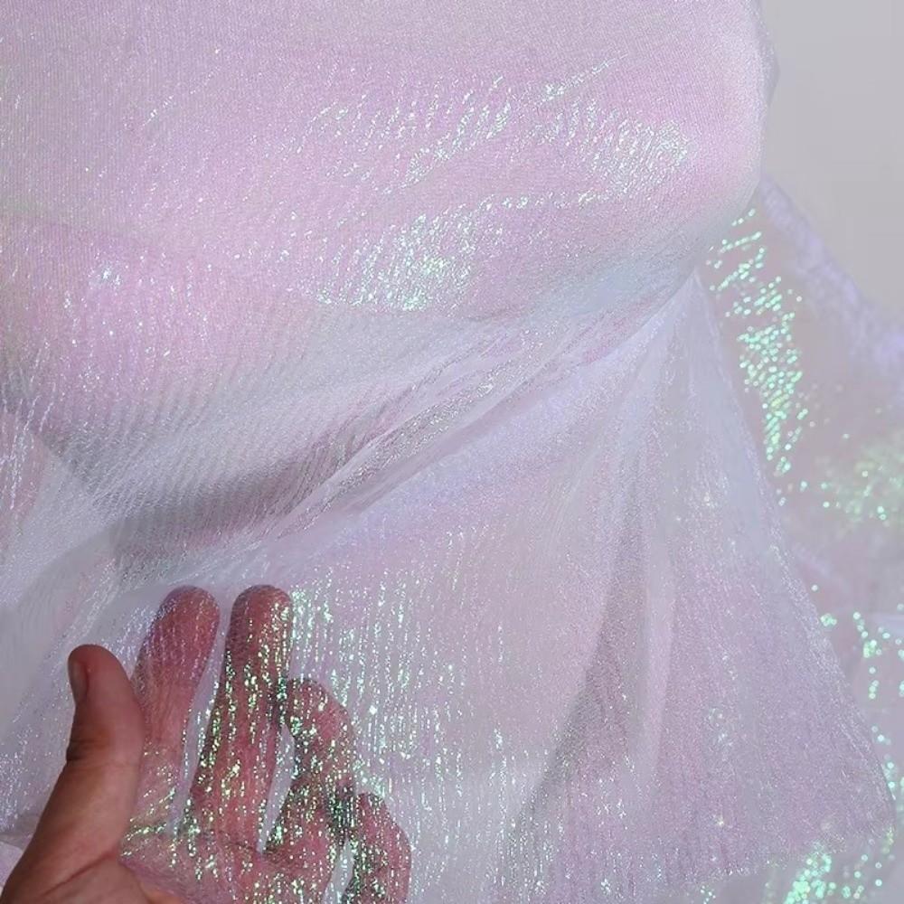 100x140cm Rainbow Laser Yarn Fabric Wrinkled Illusion Color Organza Fabric Texture Designer High-Density Iridescent Organza