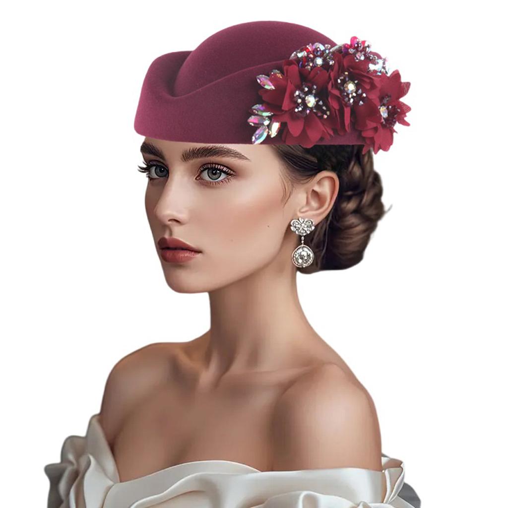 Cappello Pillbox da Donna Fiori Berretti Vintage Britannici in Feltro Cappellino per Chiesa Festa del Tè Accessorio