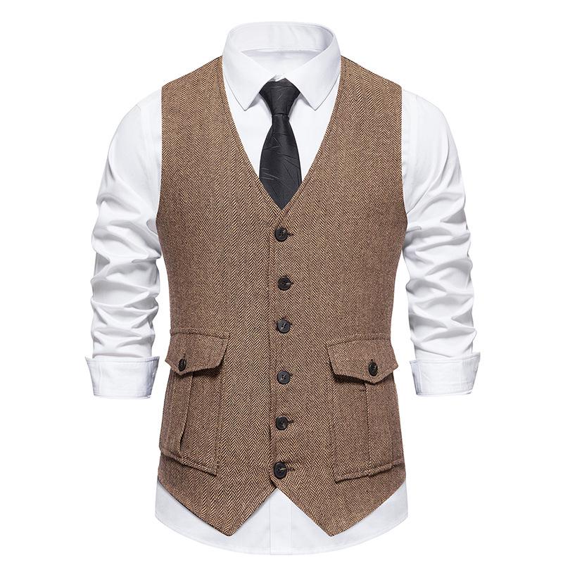 Retro Single-Breasted Men's Suit Vest with Three-Dimensional Pockets
