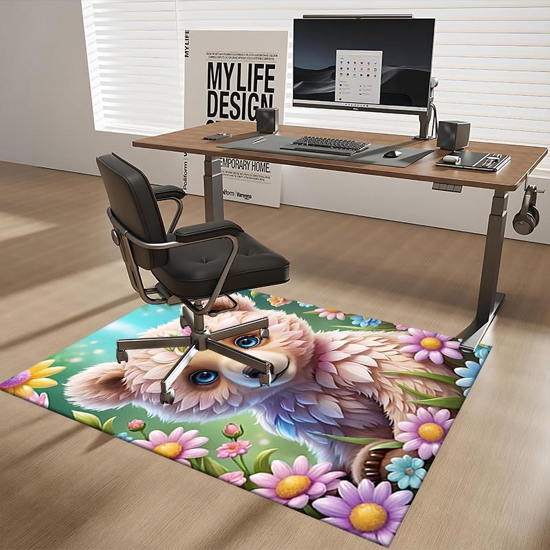 1pc Anime Cartoon Design Office Chair Mat - Flower Bear Floral Pattern Anti-Slip Carpet for Home Decor, Suitable for All Seasons.H053