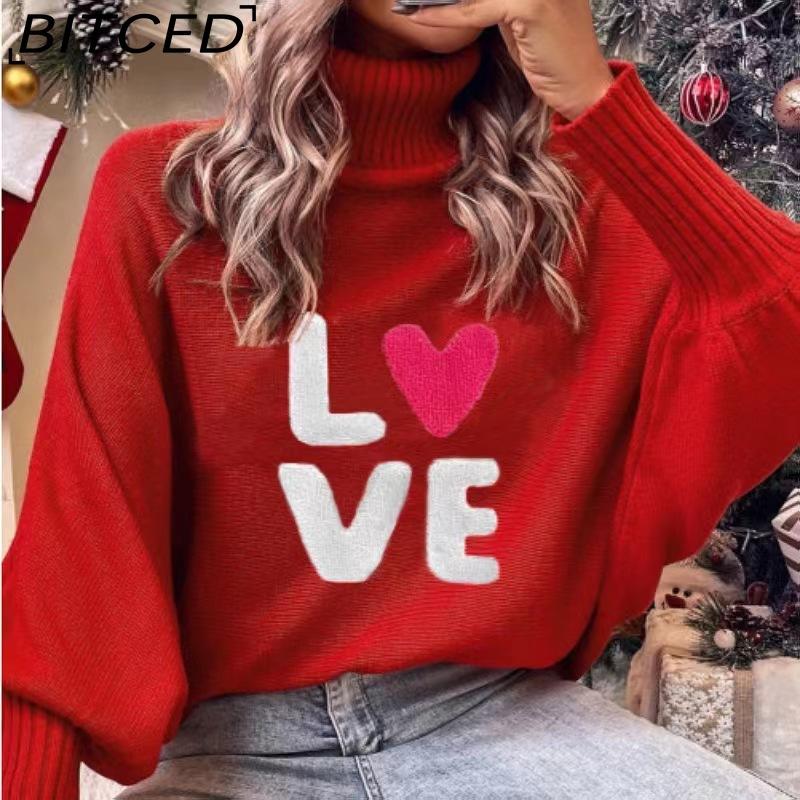 BITCED Valentine's Day LOVE Red Turtleneck Sweater Batwing Sleeve Oversized Pullover Knit Top