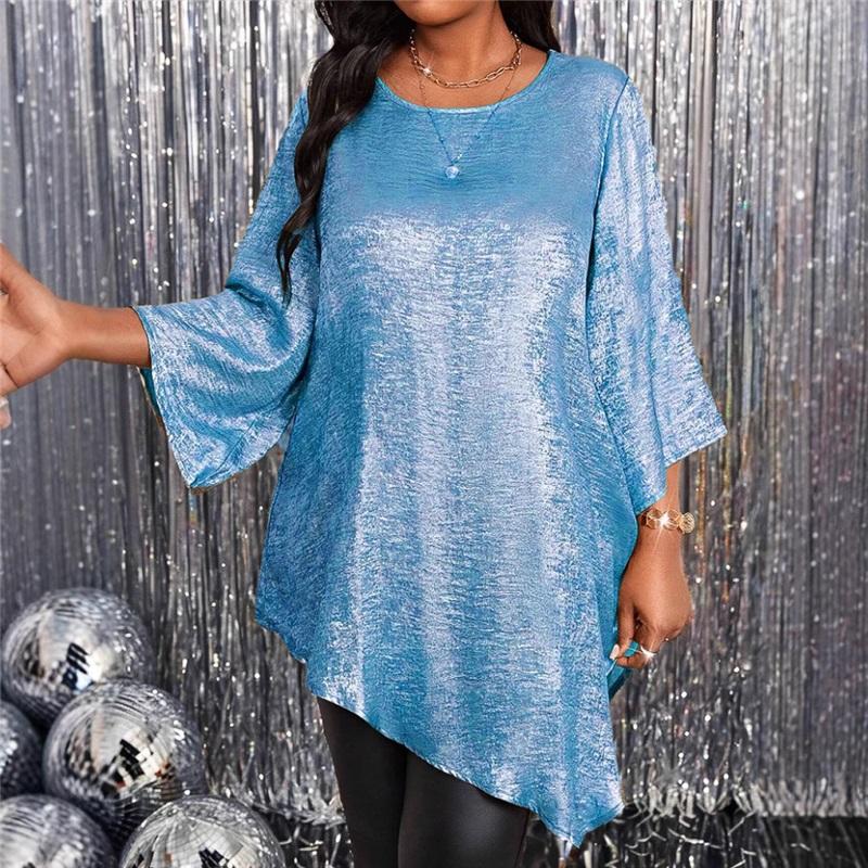 

Новая европейская и американская блузка большого размера свободного кроя с круглым вырезом и рукавом три четверти, с неровным подолом, женская одежда XXL очистить синий