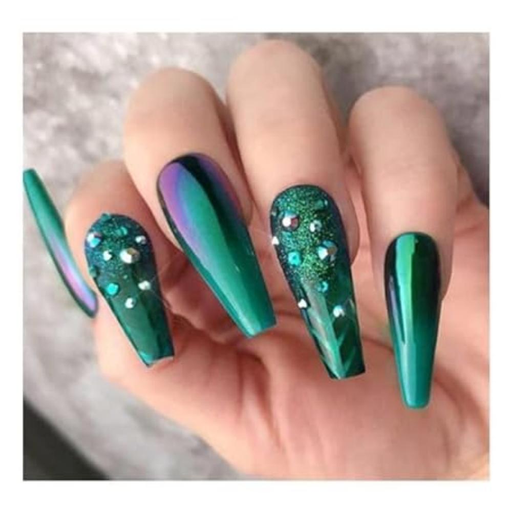 24pc Set Of Extra Long French Artificial Nails With Stone With Free Application KIt (Green Multi)