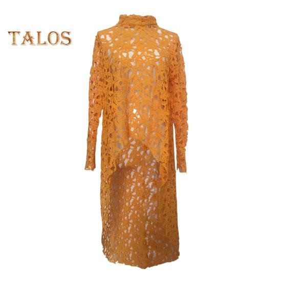 Dámská dlouhá top s výřezem, nepravidelná háčkovaná krajka, květinový patchwork, průsvitná krátká přední a zadní halenka s polovičními výstřihem a dlouhým rukávem