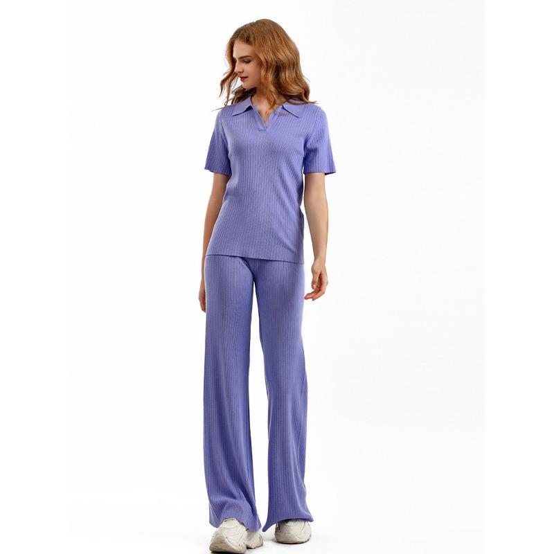 Set da donna a polo pullover a maniche corte top slim tinta unita t-shirt pantaloni a gamba larga set di moda lavorato a maglia