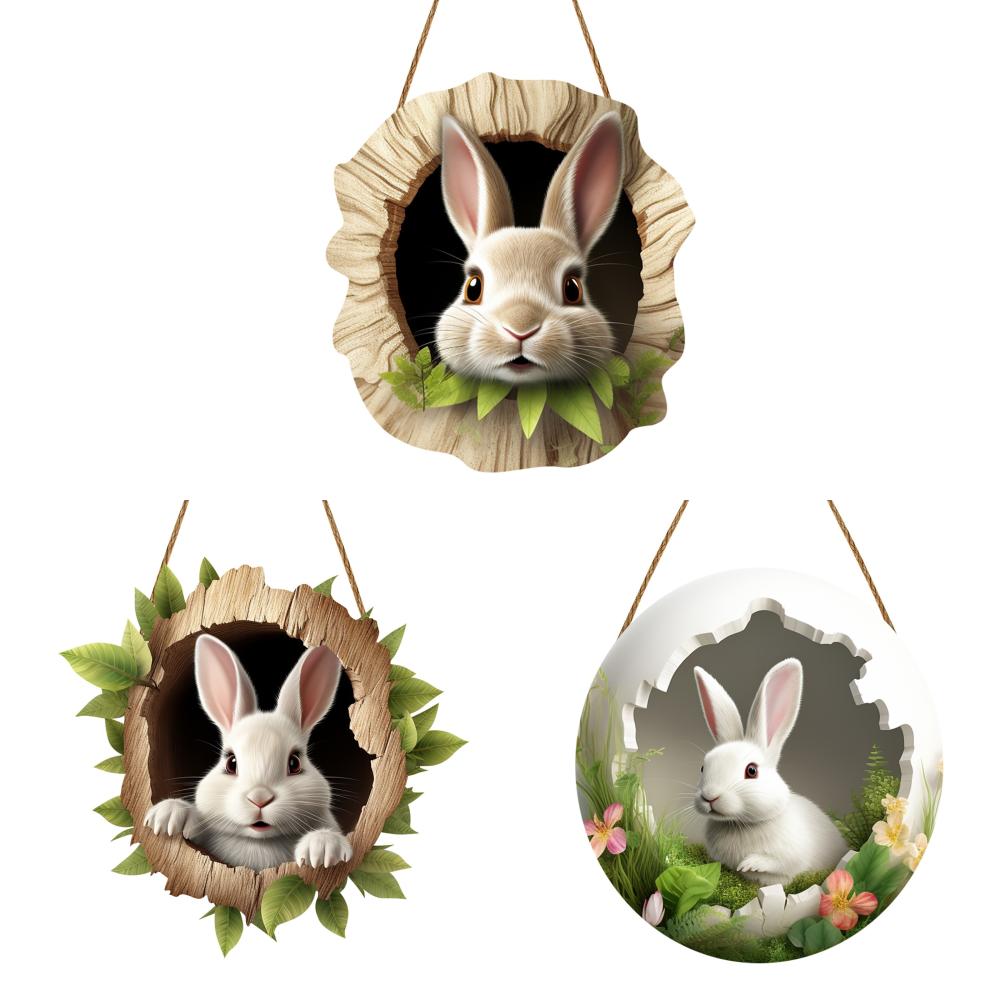 3/1 Set Easter Bunny Door Sign Pendant Decoration Wooden Hanging Spring Happy Rabbit Construction Door Easter Party Decor 2025