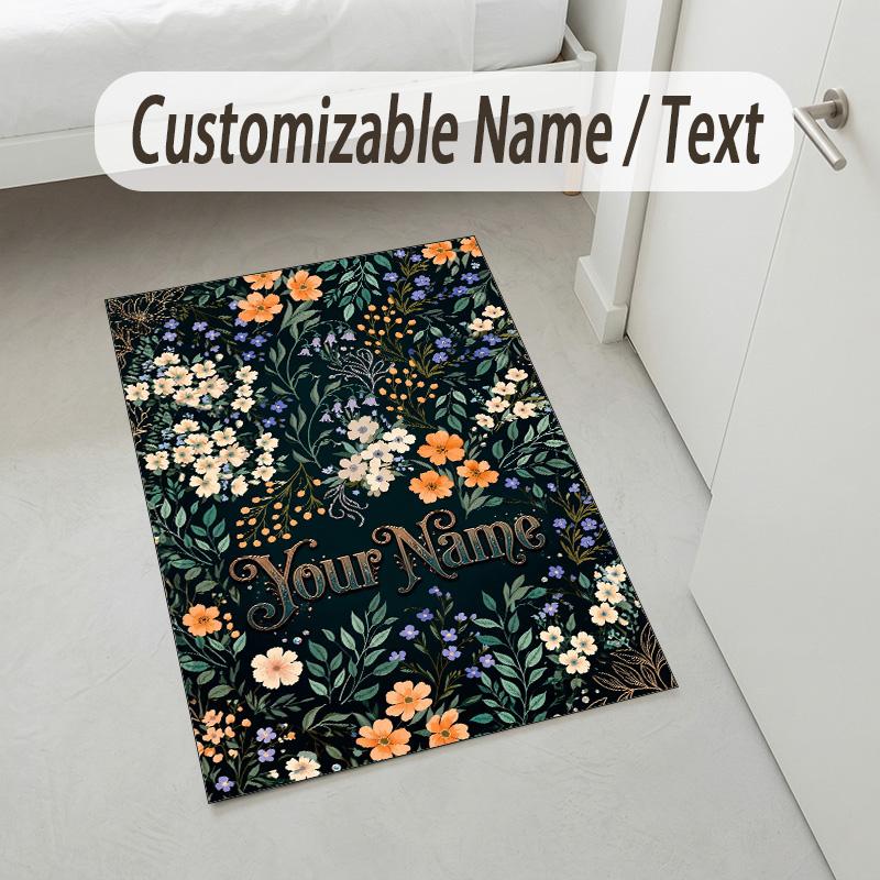 Floral Artwork Theme Soft Crystal Velvet Rug Custom Name & Text Print Non Slip Floor Rug for Bedroom Living Room