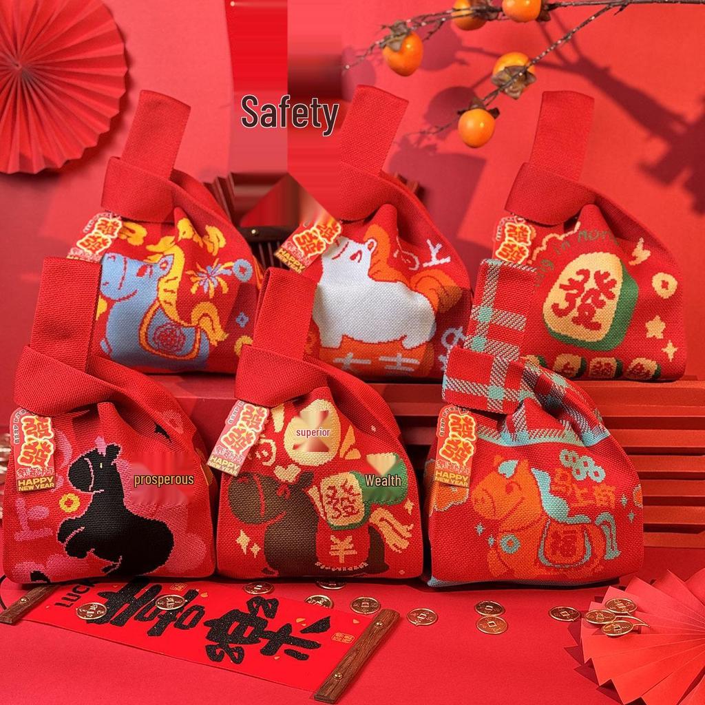 Red Auspicious Year of the Horse Knitted Wristlet Handbag - Joyful Souvenir for Weddings & Housewarming