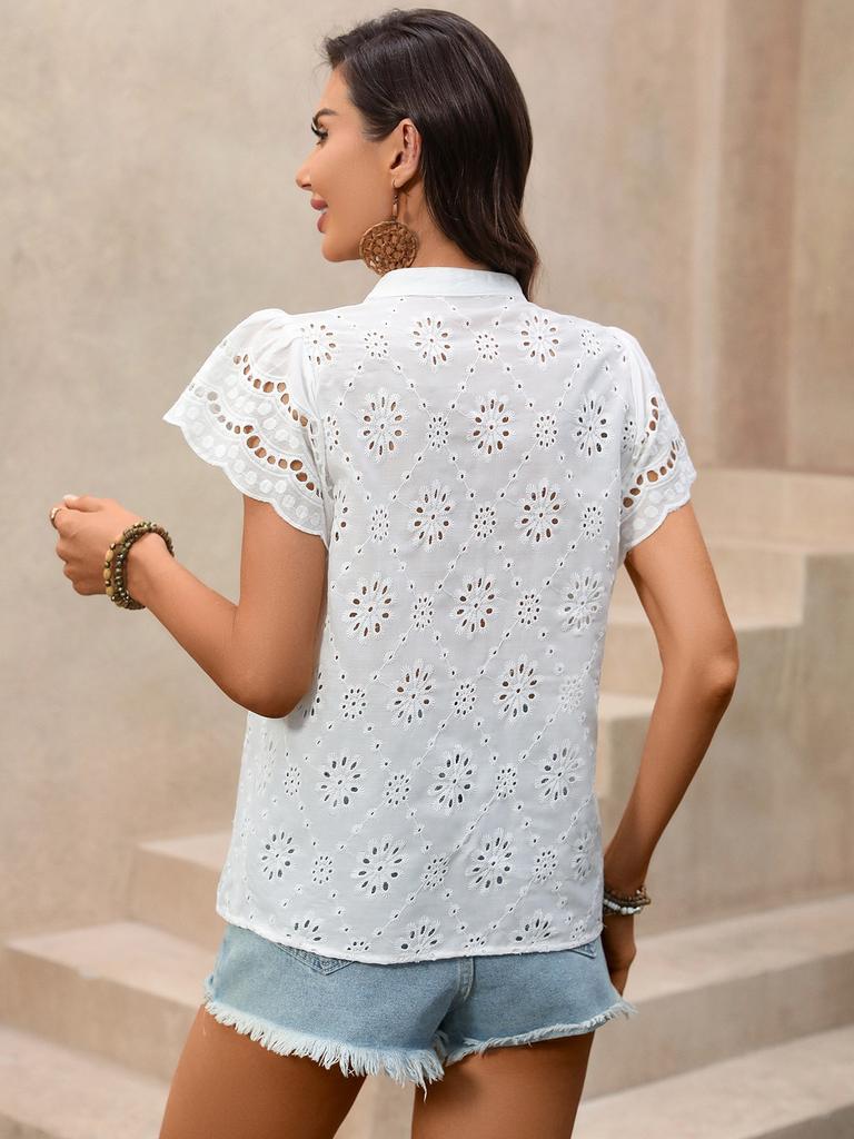 Women White Loose Hollow Out V Neck Short Sleeve Casual Shirt
