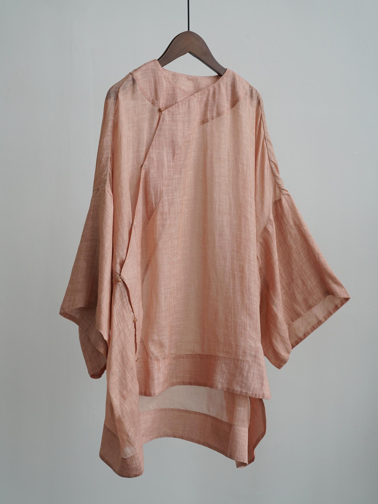 

Johnature Women Vintage Shirts Tops V-Neck Seven Sleeve Blouses Loose Summer Solid Color Button Shirts One Size