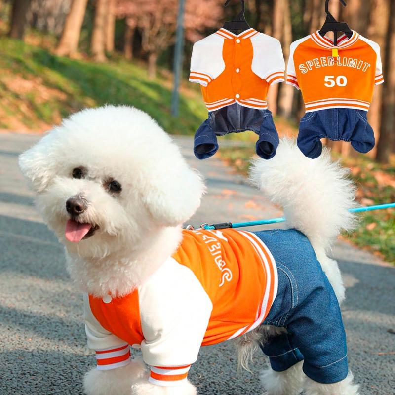 Pet 4-Leg Jumpsuit In Navy and Print Color Block Design, Letter Print, for Cats & Dogs, Suitable for Spring/Autumn