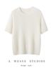 Women's Cashmere Mulberry Silk Round Neck Short Sleeve Knit Top, Plain Color, Loose-Fit, Three-Quarter Sleeve Sweater.
