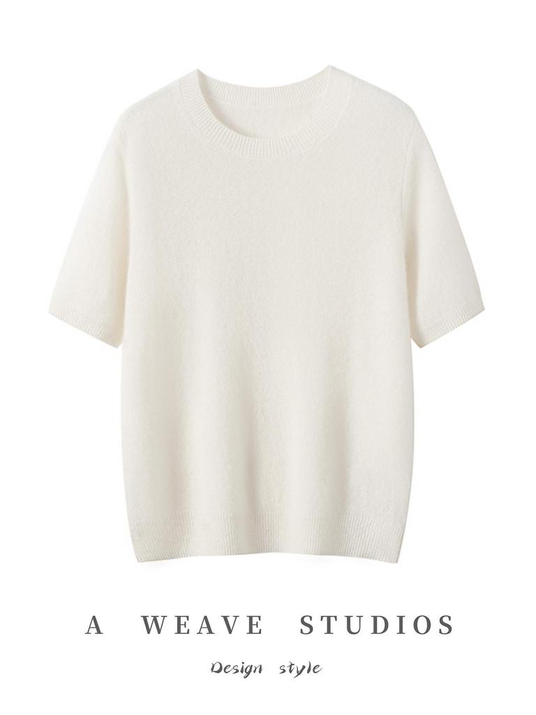 Women's Cashmere Mulberry Silk Round Neck Short Sleeve Knit Top, Plain Color, Loose-Fit, Three-Quarter Sleeve Sweater.