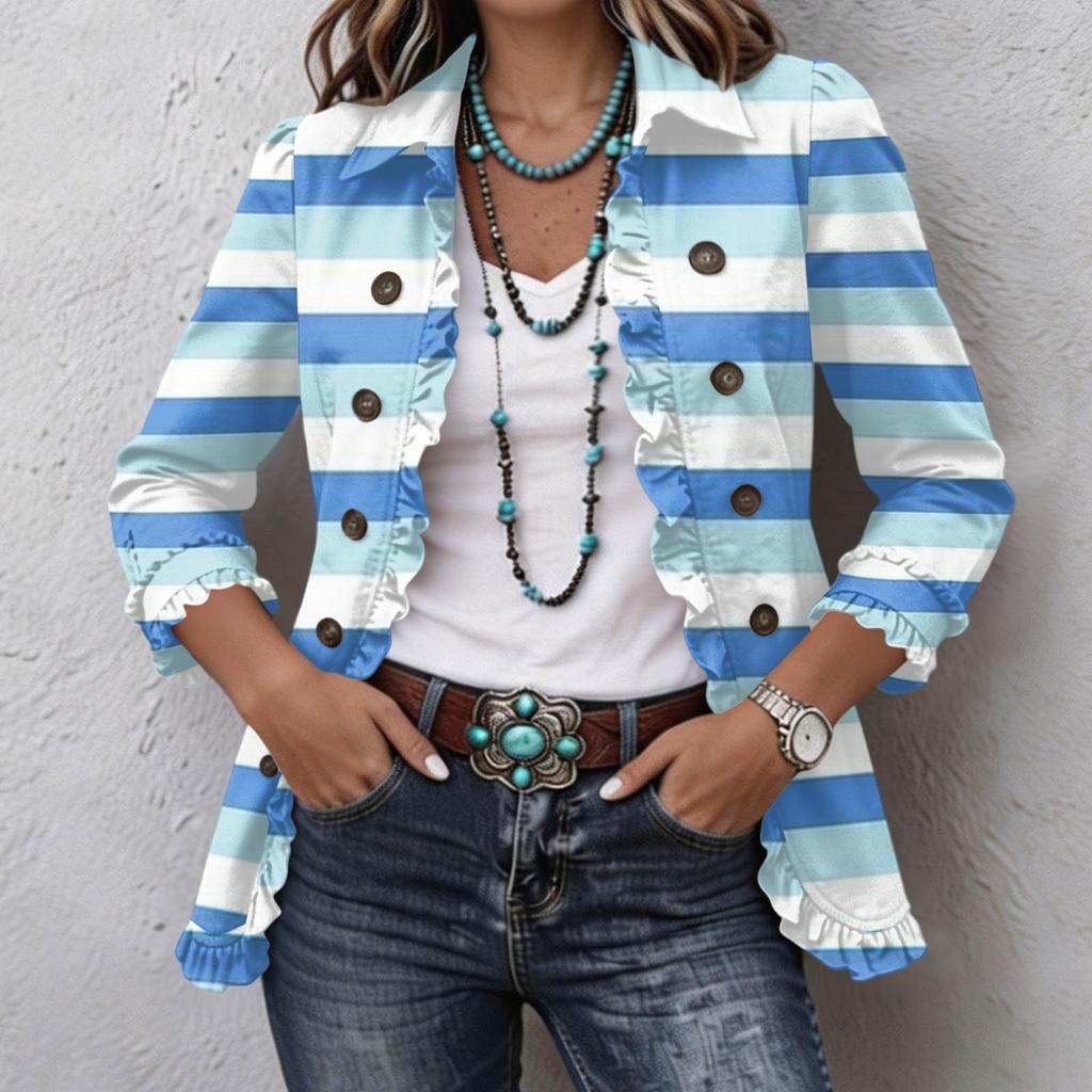 Women's Casual Striped Print Long Sleeve Ruffle Button Down Shirt Jacket for Everyday Wear