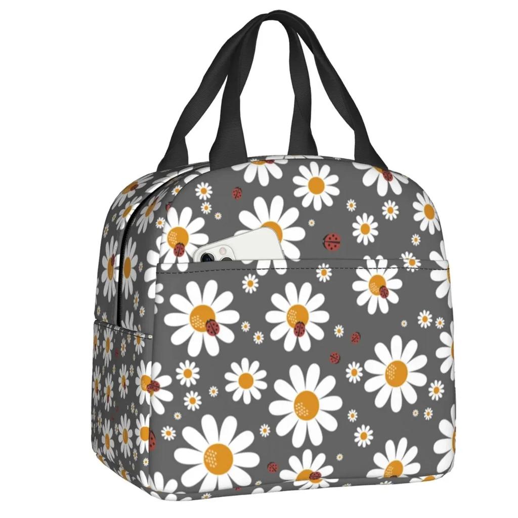Floral Daisy Print Insulated Lunch Bag for Women Chamomile Flowers Cooler Thermal Lunch Tote Box Portable Picnic Food Bento Bags