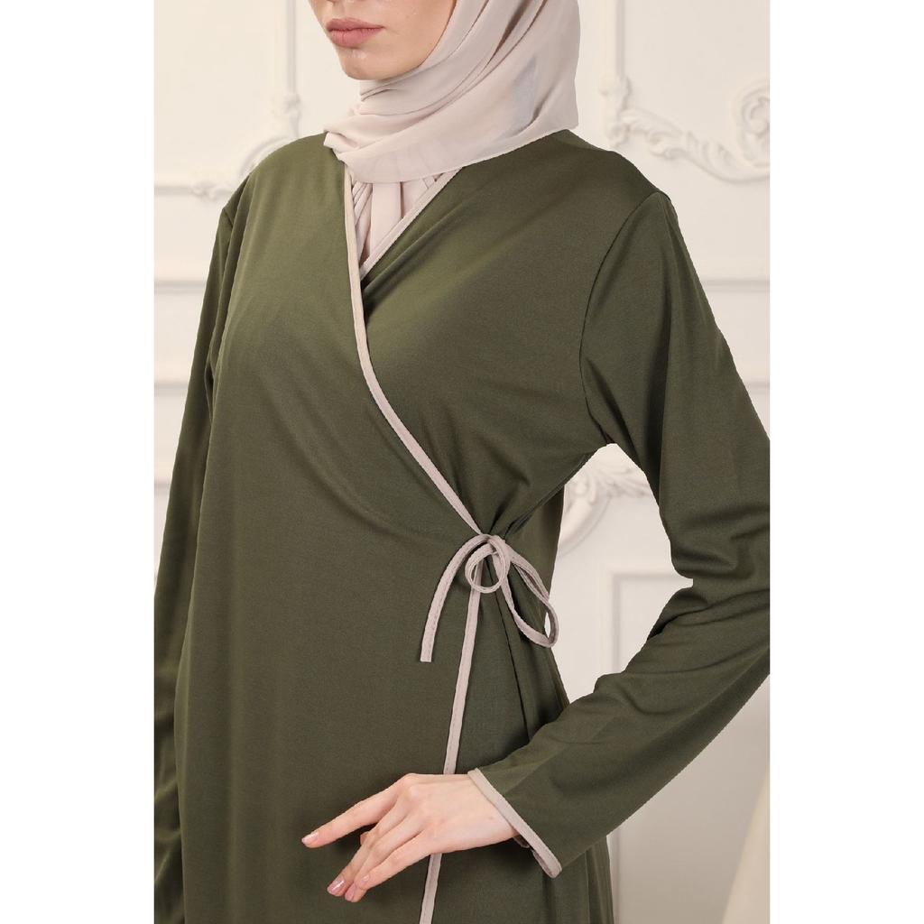 Black Double Breasted Neck Piping Flexible Interlock Fabric Prayer Dress