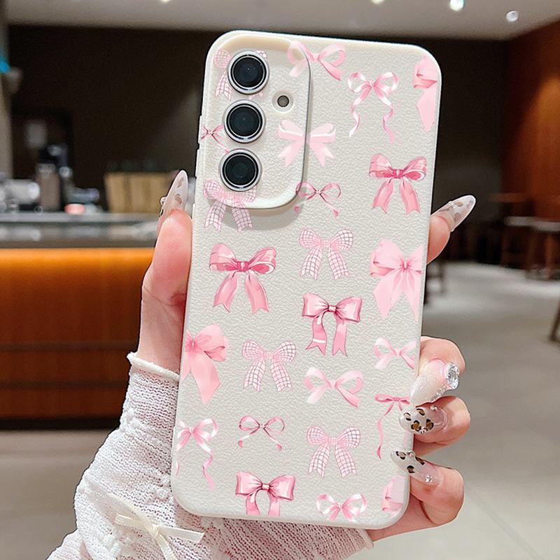 

Розовый бантовый принт ударопрочный тонкий чехол для телефона Samsung S25 S24 FE S23 Ultra S22 A56 A36 A16 A55 A26 A35 кожаная текстура TPU мягкий матовый бампер чехол Samsung A53 5G бежевый/белый