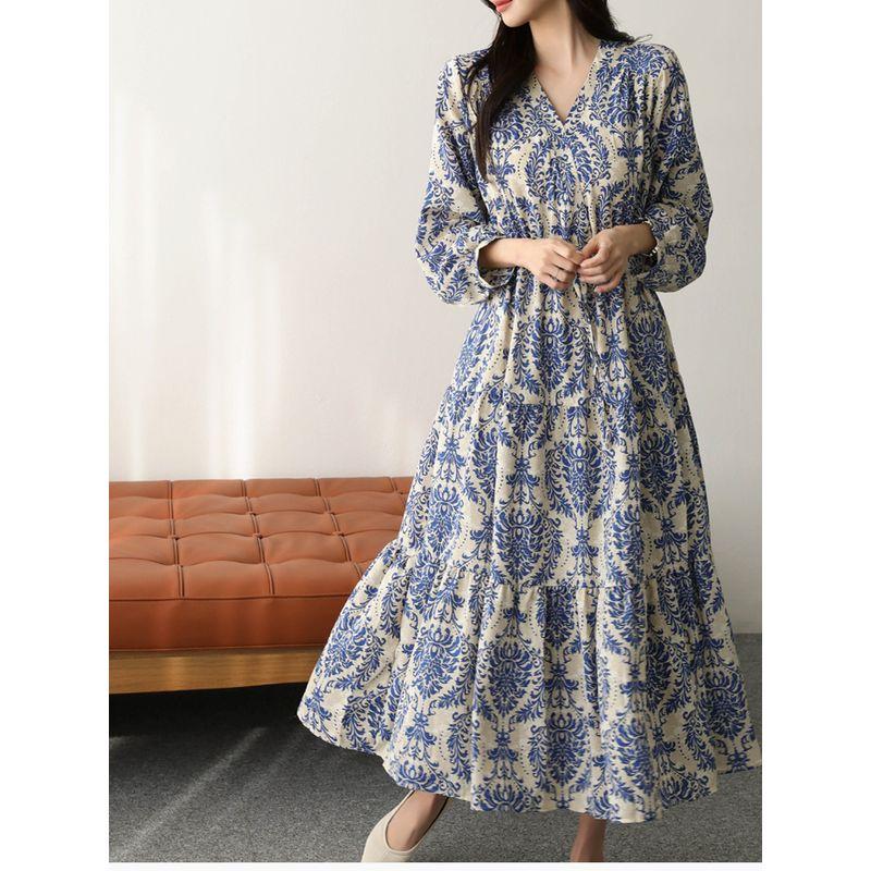 K-style Plus Size Women's Clothing V Neck Vintage Print Lace-up Waist Trimming Ruffles Mid Length Long Length Long Sleeves Dress Trendy Dress
