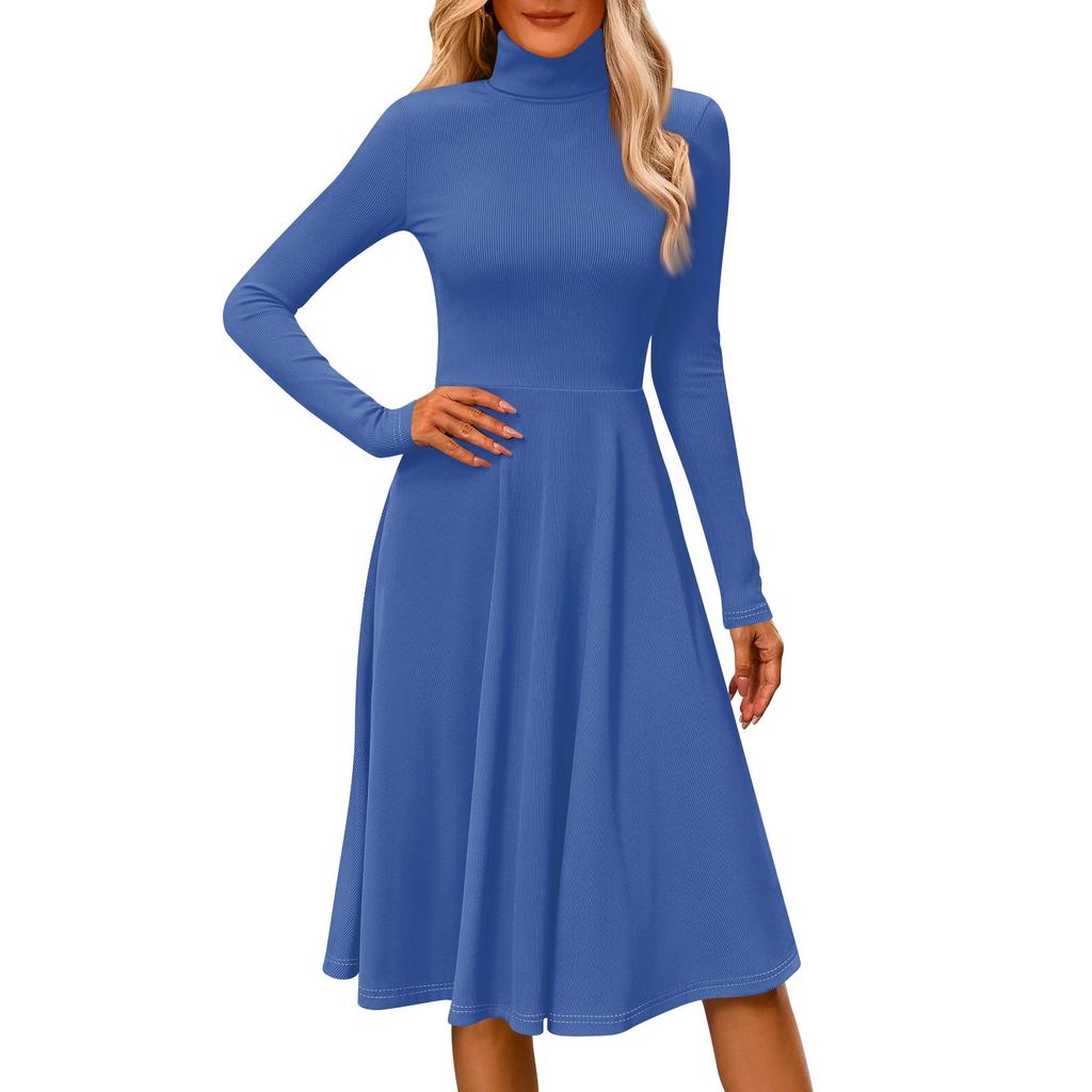 Women's Casual Fashion High Neck Long Sleeve Color Midi Dress