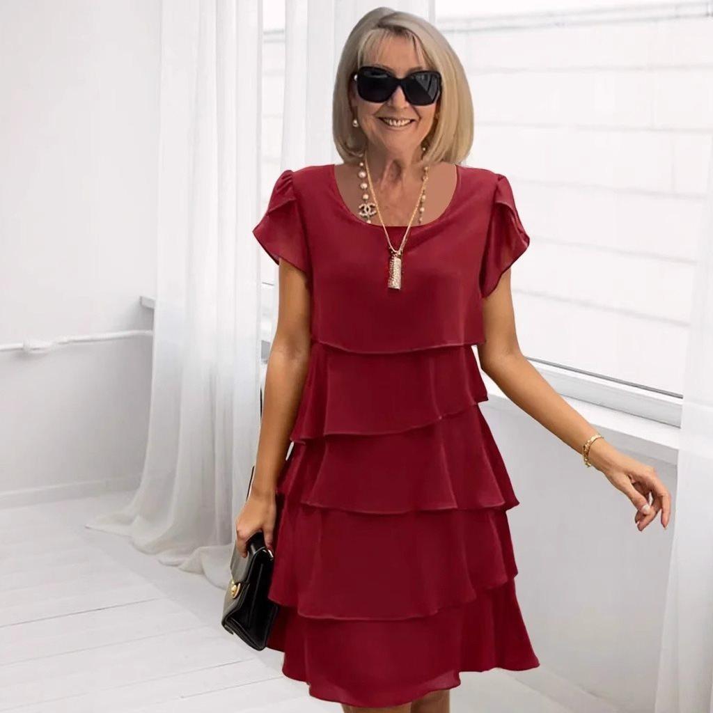 New summer short-sleeved cake skirt solid color crew neck dress for women