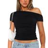 High Elasticity Fabric Solid Color Slash Shoulder Short Sleeve Shrinkage Pleated Navel Reveal Top Ladies Casual Tops