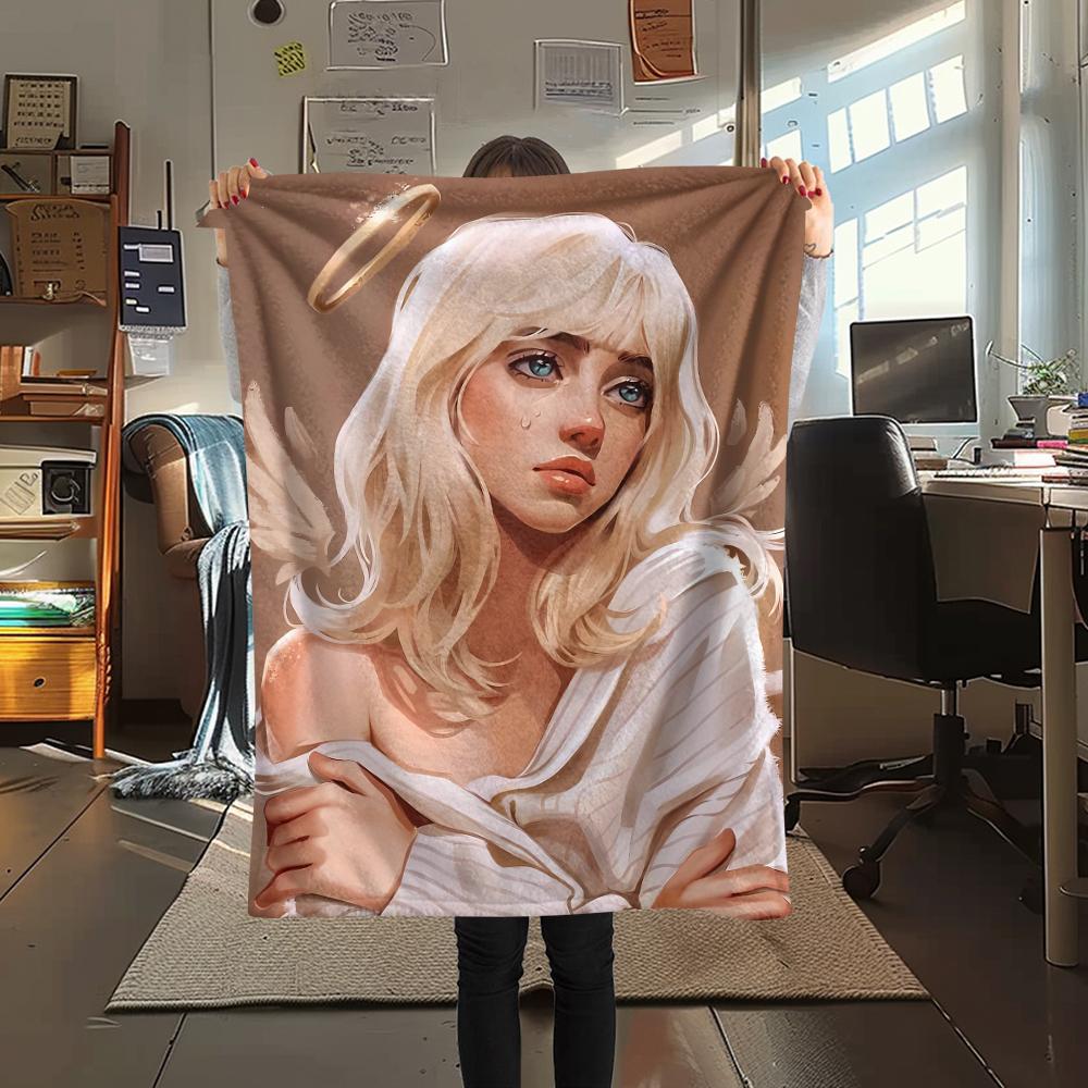 1 ks Flanelová deka s potiskem Billie Eilish, Vysoká kvalita, Pro všechna roční období, Domácí dekorace, Teplo a pohodlí, Perfektní jako vánoční dárky