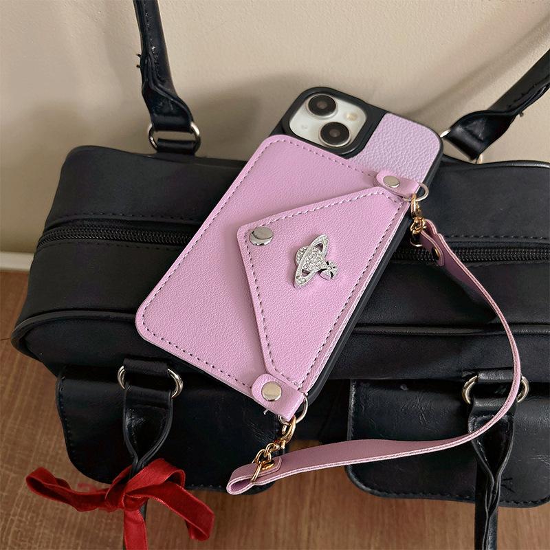 For Apple 16promax Rhinestone Button Wallet Mobile Phone Case for IPhone15 Portable Card Bag Planet Female New Model