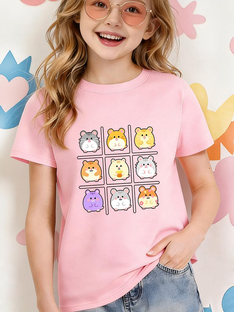 Cute Hamster Grid Cartoon Kids T Shirt Boys Girls Short Sleeve Crew Neck Cotton Parent Matching Casual Tops Toddler Youth
