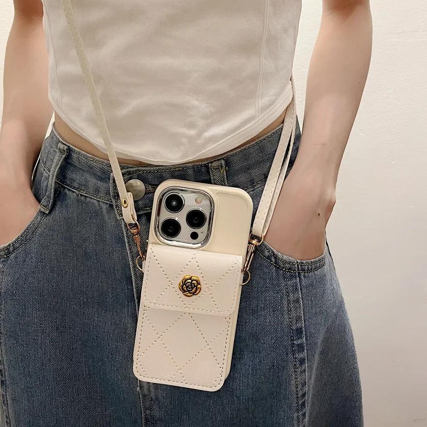 Luxury Crossbody Leather Cover for IPhone 15 14 Plus 13 12 11 Pro Max XS XR X Lanyard Card Holder Pocket Wallet Phone Case