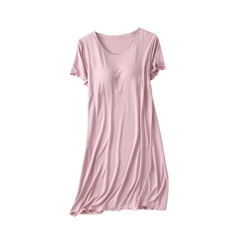 Women Casual Short Sleeve Nightgown Solid Color Pajama Dress with Bra Pad