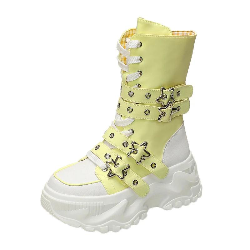 

Модные 8-сантиметровые женские ботинки до середины икры на толстой подошве, новая осенняя парусиновая обувь на высокой платформе с круглым носком и пряжкой, женские мотоботы, зимние кроссовки 40 жёлтый