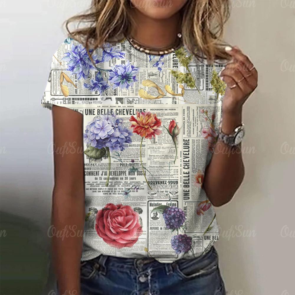 Summer Women's Rose Y2K Pattern Short Sleeve Summer Crew Retro T-shirt