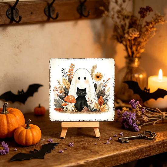 Holiday Gift for Autumn Lovers Halloween Wood Tabletop Sign with Mini Easel, Cute Pumpkin Ghost Decorative Plaques Cafe Plaque, Rustic Ornament