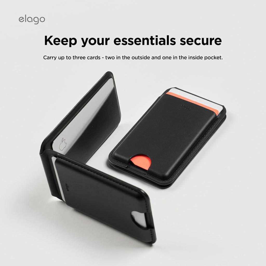 elago Magnetic Wallet Synthetic Leather Wallet with MagSafe Card Holder and Card Storage Pocket with iPhones and Stand, Black, Slim, Anti-Magnetic,