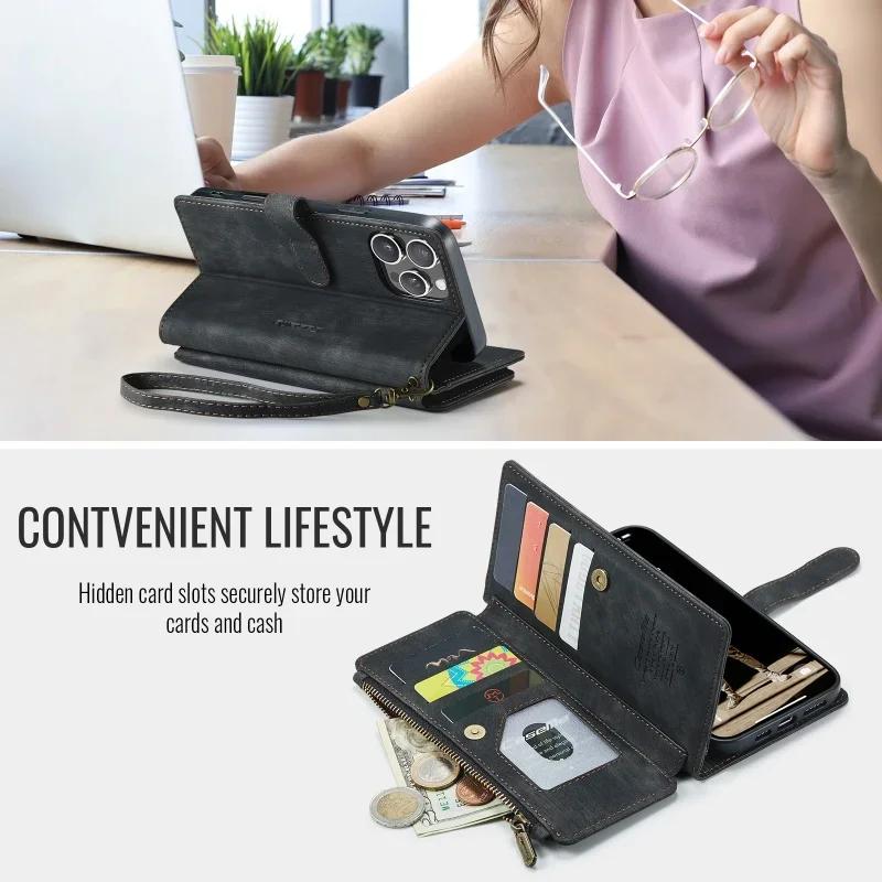 Leather Zipper Purse Phone Case for iPhone 17 Air 16E 16 15 14 12 13 11 Pro Max XS XR 8 7 Plus Flip Card Lanyard Wallet Cover