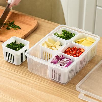 Caja para el frigorífico con 6 rejillas, caja para almacenar frutas y verduras, organizador para nevera, escurridor, carne, cebolla, jengibre, cajón transparente